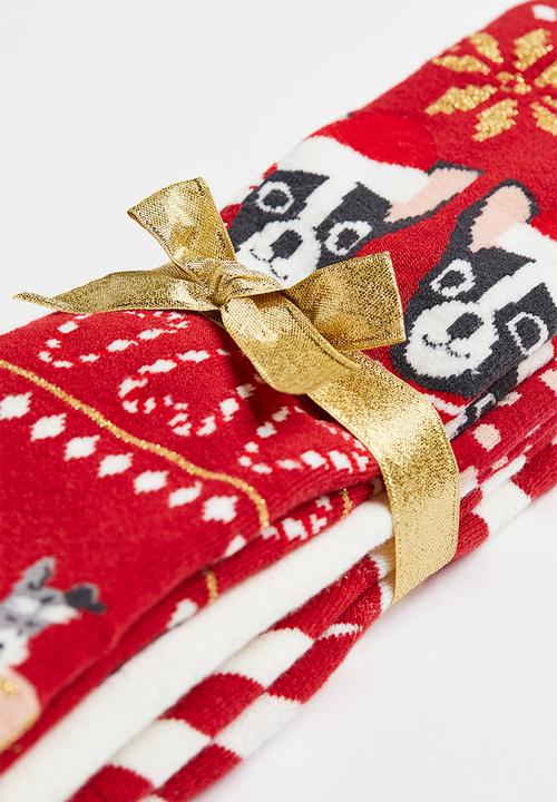 H&M - 3-pack terry socks - red / dogs 