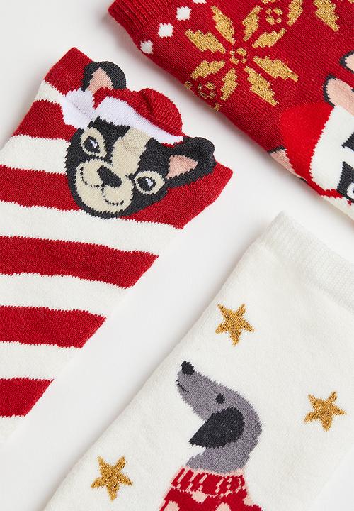 H&M - 3-pack terry socks - red / dogs 