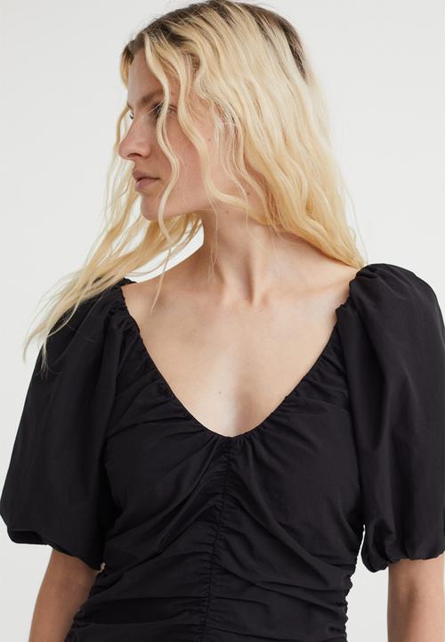 H&M - Gathered puff-sleeved dress - black