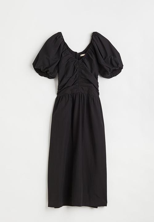 H&M - Gathered puff-sleeved dress - black