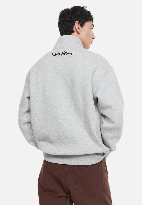 H&M - Relaxed fit zip-top sweatshirt - light grey marl/keith haring