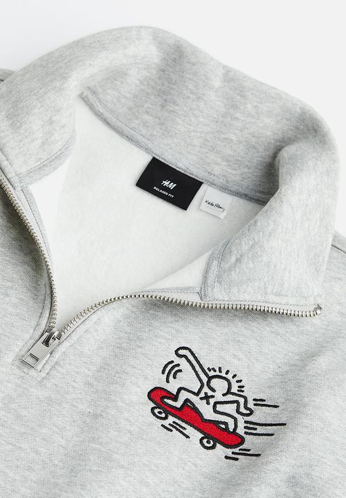 H&M - Relaxed fit zip-top sweatshirt - light grey marl/keith haring