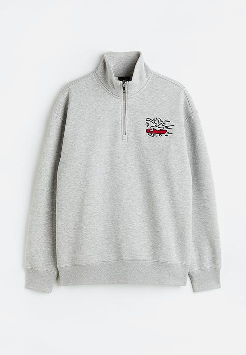 H&M - Relaxed fit zip-top sweatshirt - light grey marl/keith haring
