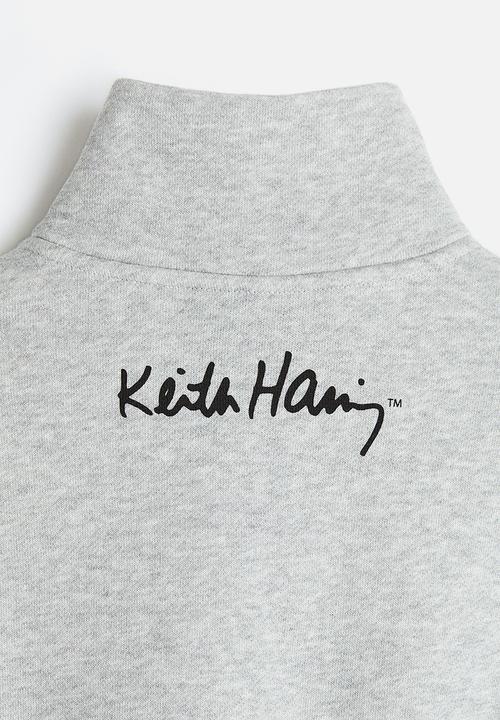 H&M - Relaxed fit zip-top sweatshirt - light grey marl/keith haring