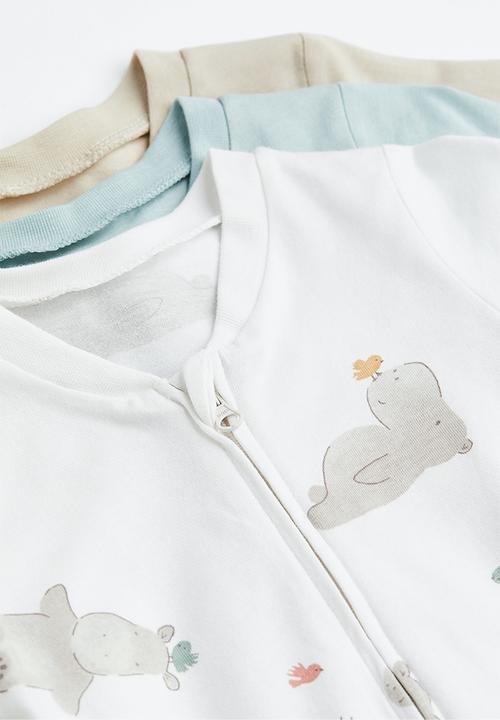 H&M - 3 Pack zip-up all-in-one pyjamas - light turquoise/hippos
