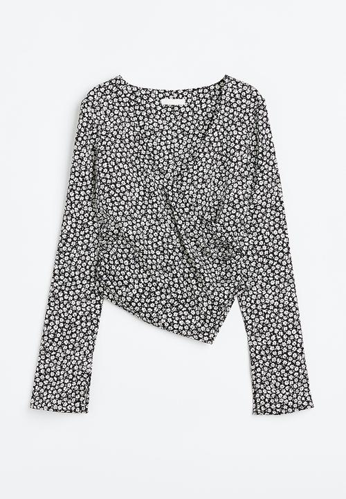 H&M - Satin wrap blouse - black,multi