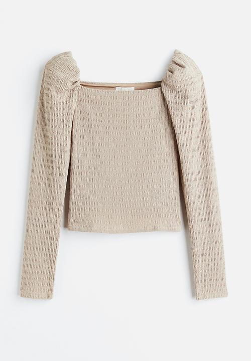 H&M - Crinkled puff-sleeved top - beige