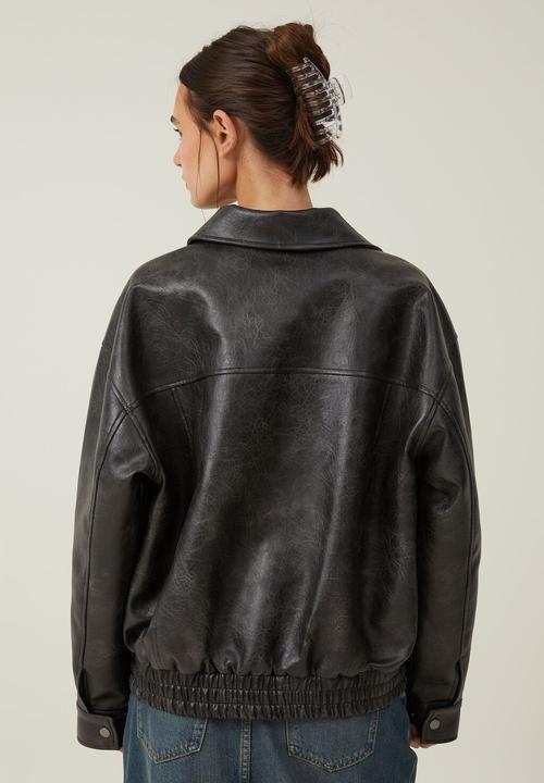 Cotton On - Faux Leather Oversized Bomber Jacket - Washed Black