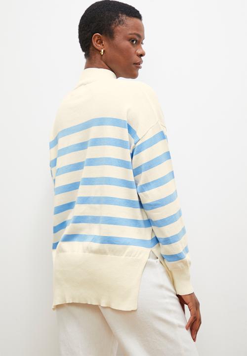 edit - Stripe funnel neck - mid blue & ecru