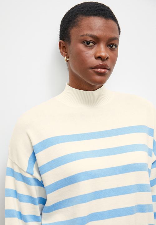 edit - Stripe funnel neck - mid blue & ecru