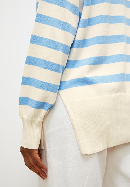 edit - Stripe funnel neck - mid blue & ecru