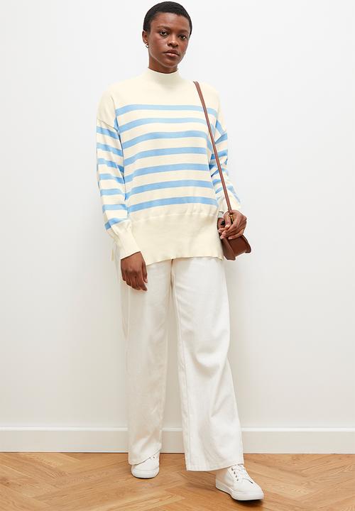edit - Stripe funnel neck - mid blue & ecru