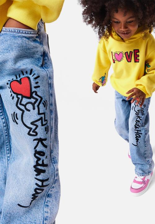 H&M - Keith Haring x H&M: Printed wide fit jeans - light denim blue