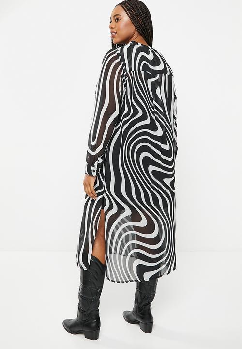 Me&B - Plus button up mandarin collar dress with cami - black & white