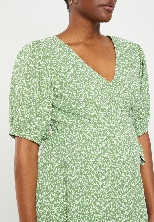 Glamorous - Maternity bloom midi wrap dress - green/white