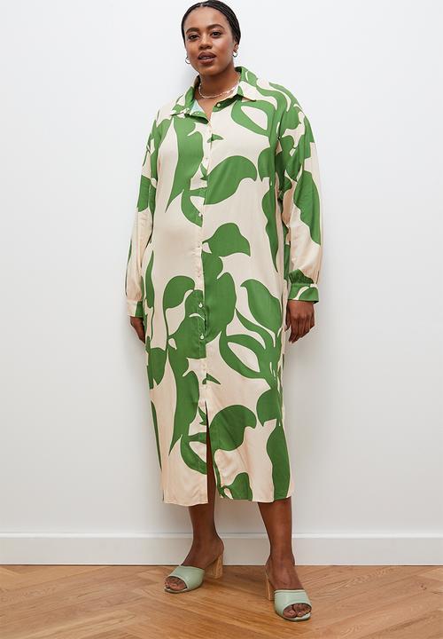 edit - Column collar shirt dress -ecru/green tropical