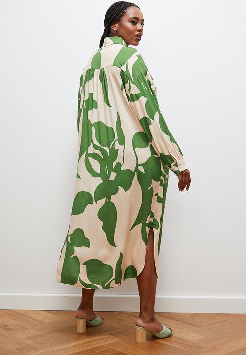 edit - Column collar shirt dress -ecru/green tropical