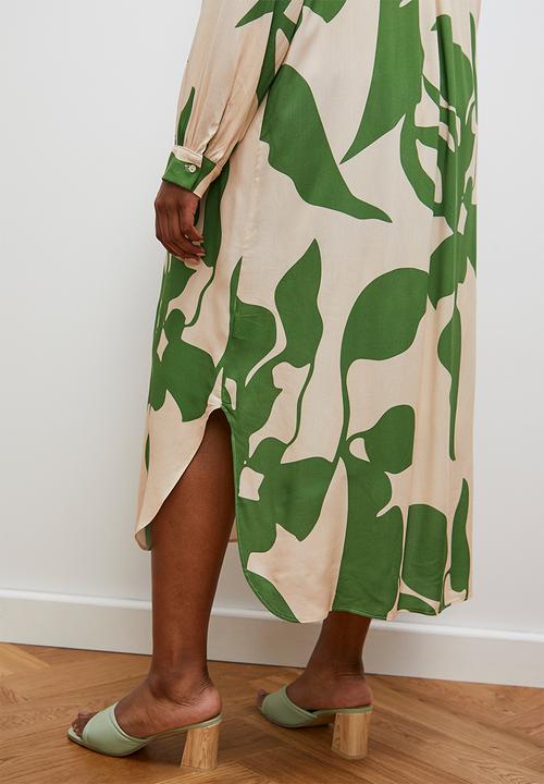 edit - Column collar shirt dress -ecru/green tropical