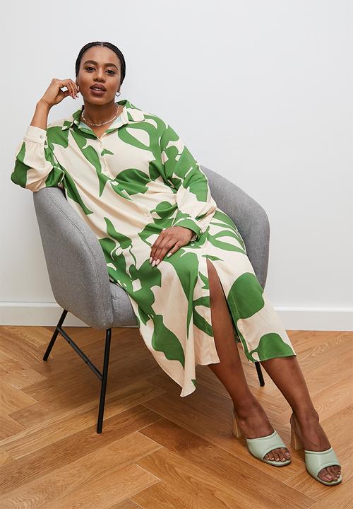 edit - Column collar shirt dress -ecru/green tropical