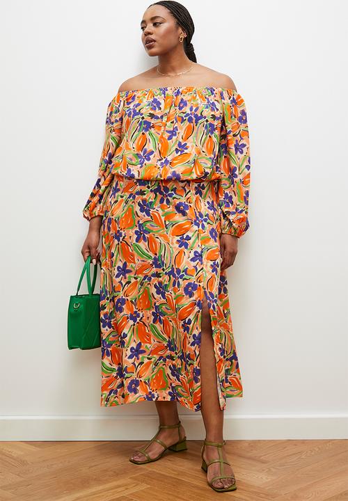 edit - Off the shoulder peasant blouse -orange blue textured floral