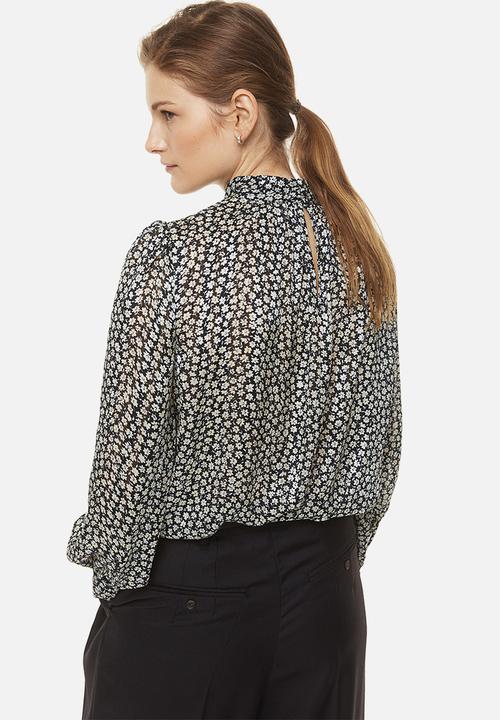 H&M - Stand-up collar satin blouse - black,multi
