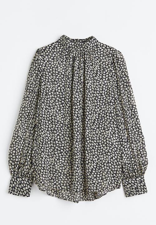 H&M - Stand-up collar satin blouse - black,multi