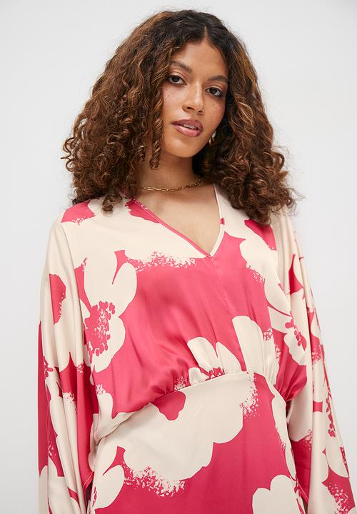MILLA - Kaftan sleeve column dress - white & pink