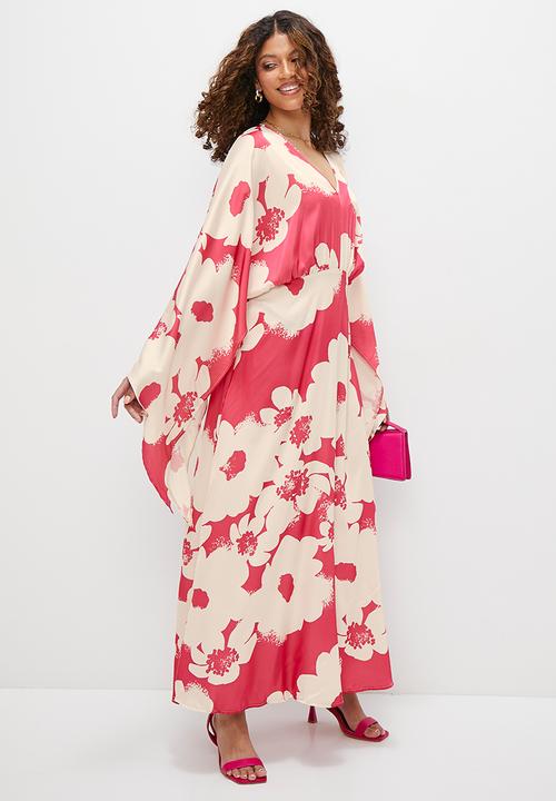 MILLA - Kaftan sleeve column dress - white & pink