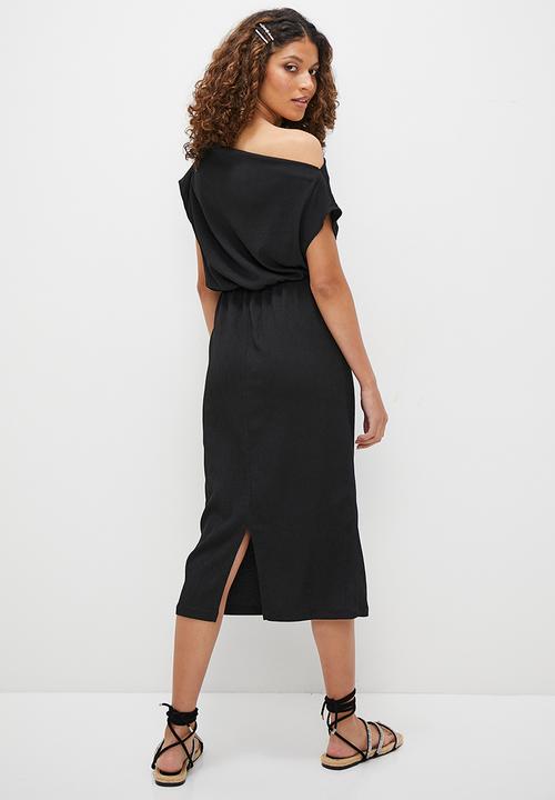 MILLA - Textured knit slash neck midi dress - black