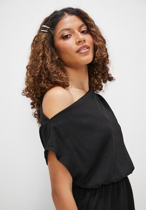 MILLA - Textured knit slash neck midi dress - black