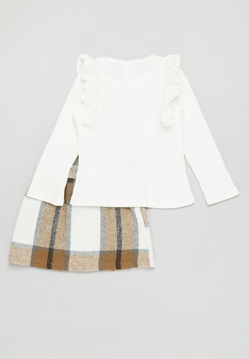 Pop Candy - Girls top & check skirt set - white and brown