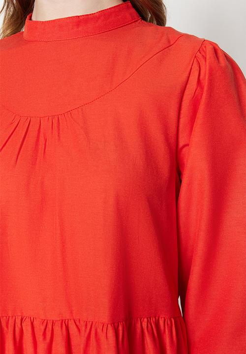 Trendyol - Modest high neck detail tiered dress - vermilion