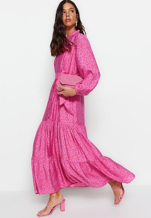 Trendyol - Modest printed tier dress with kitty bow - pink