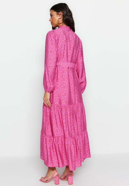 Trendyol - Modest printed tier dress with kitty bow - pink