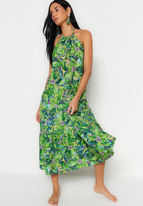 Trendyol - Halter neck ruffle hem dress - green