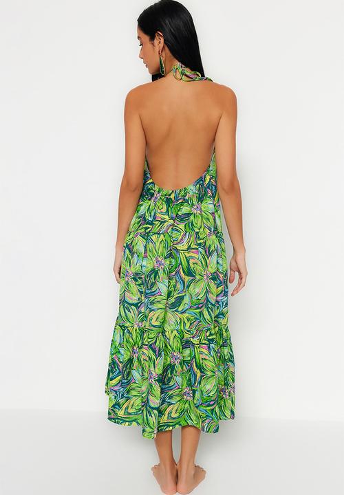 Trendyol - Halter neck ruffle hem dress - green