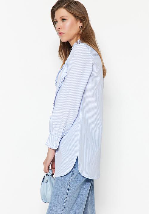 Trendyol - Mandarin collar ruffle shirt - blue