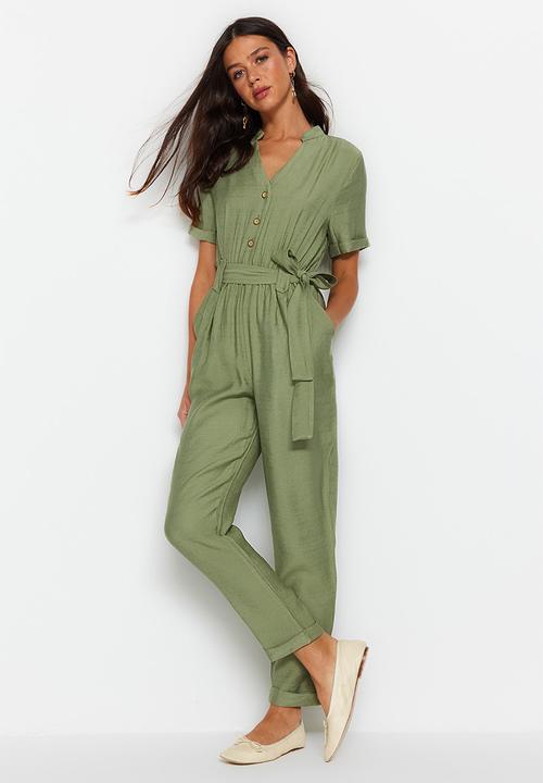 Trendyol - V-neck button down jumpsuit - khaki