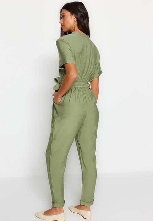 Trendyol - V-neck button down jumpsuit - khaki