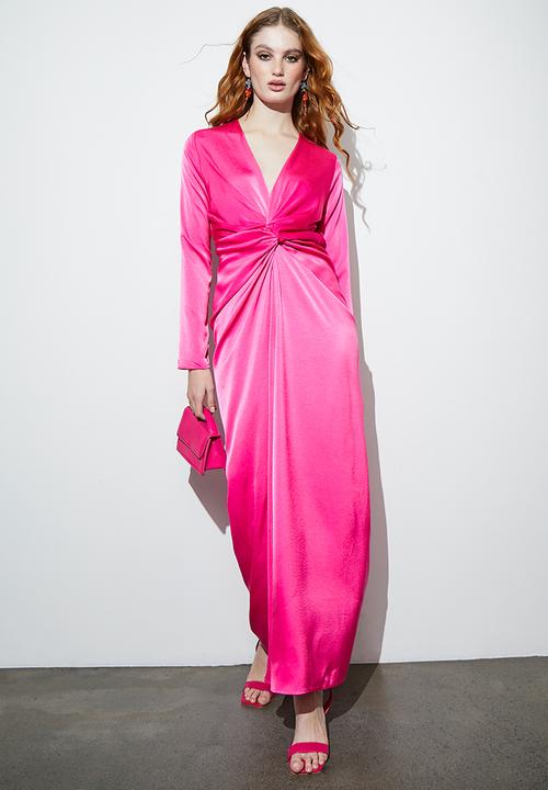 knee length dresses for ladies CurveWow Twist Front Satin Midi Purple – Curvewow main image 1