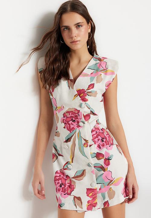 Trendyol - Floral print sleeveless blazer dress - ecru