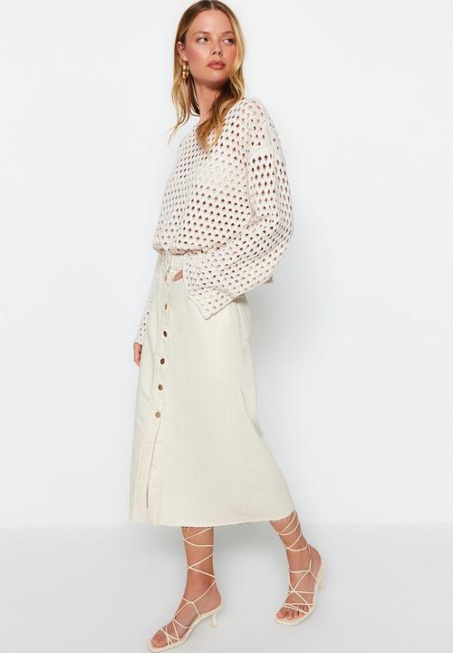 Trendyol - Basic denim button down midi skirt - ecru