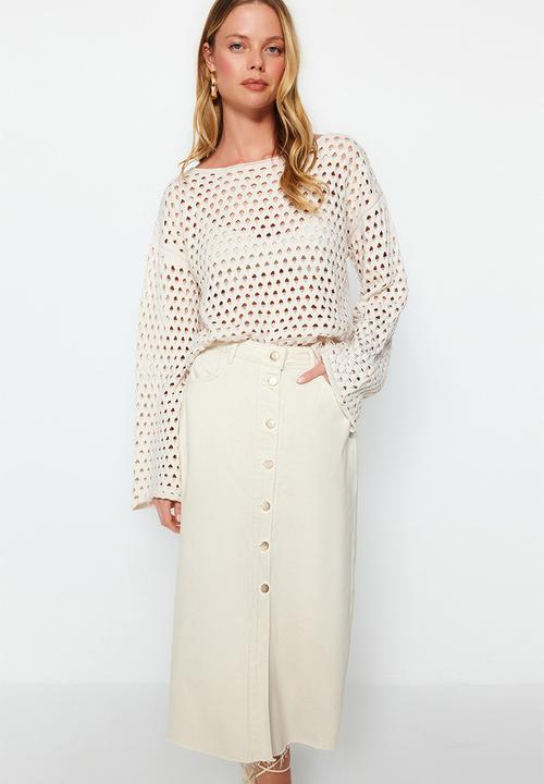 Trendyol - Basic denim button down midi skirt - ecru