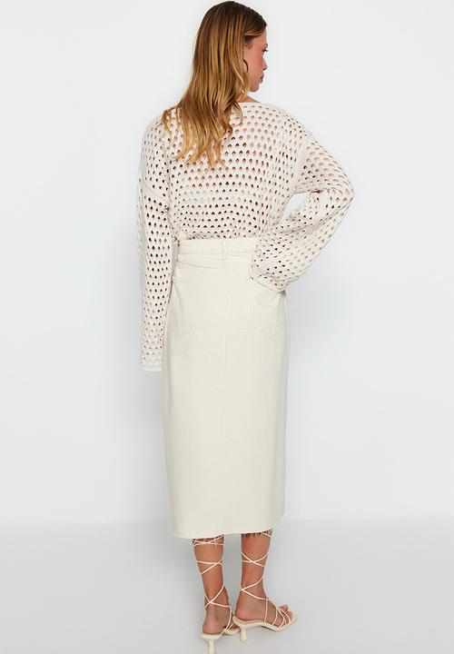 Trendyol - Basic denim button down midi skirt - ecru