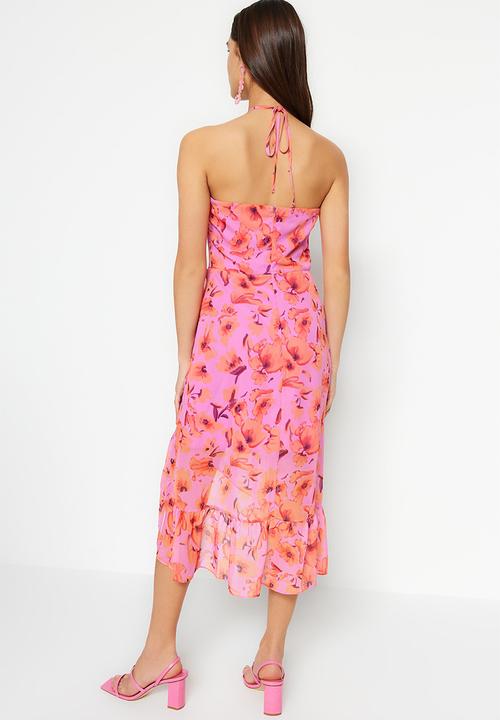 Trendyol - Floral halter assym dress - pink