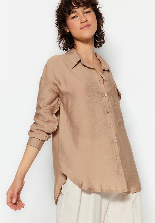 Trendyol - Shiny oversized basic shirt - camel