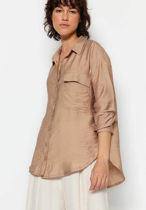 Trendyol - Shiny oversized basic shirt - camel