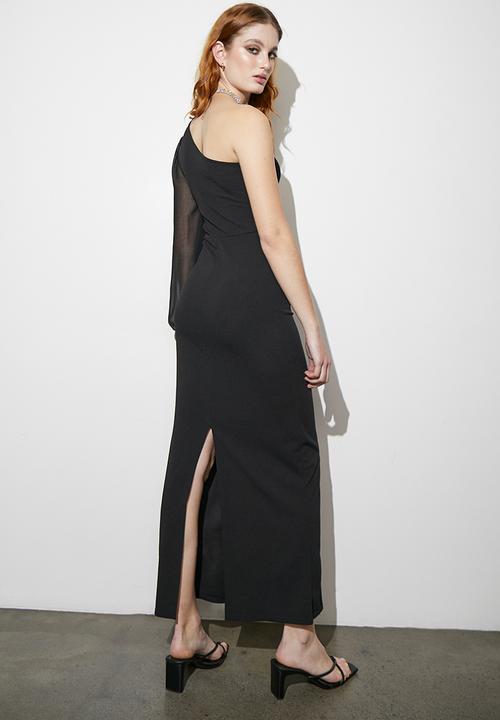 VELVET - Volume sleeve asym midi dress - black
