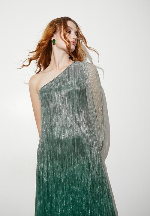 VELVET - Pleated asymmetric trapeze maxi dress - green