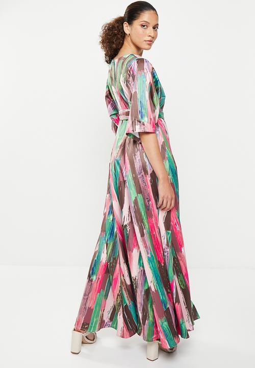 AMANDA LAIRD CHERRY - Walmer dress - blush / emerald / brown / cerise brush stroke 